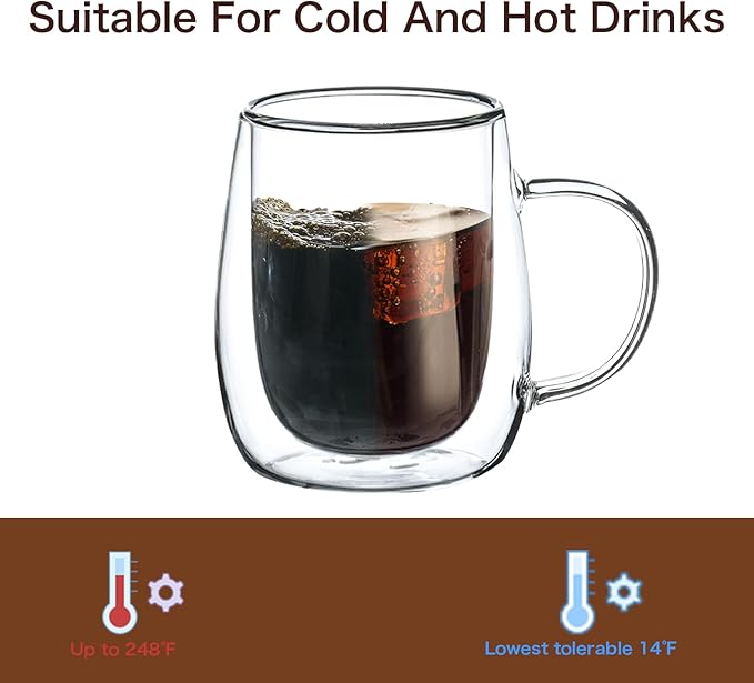 Espresso Cups, 7.4oz/210ml Double Walled Glass Coffee Mugs Set of 4, Clear Hand Blown Insulated Glass Coffee Cups with Handle for Espresso, Cappuccino, Latte, Americano, Coffee Lovers Gift