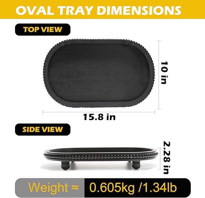 Wooden Decorative Tray for Home Decor, Beaded Black Oval Tray Decor for Coffee Table, Rustic Wood Serving Trays Farmhouse Centerpieces for Living Room Kitchen Counter (Black Oval)