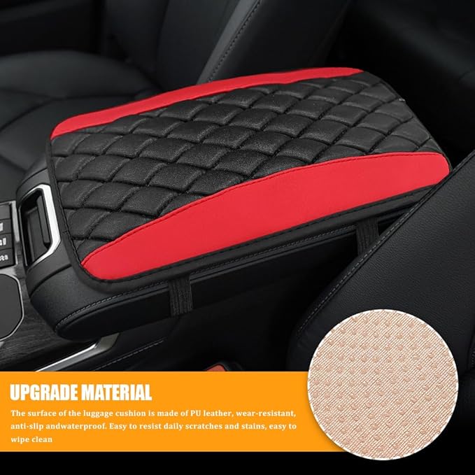 Car Center Console Cover, Leather Waterproof Armrest Seat Box Cushion Pad, Universal Decor Protector Mat, Comfortable Car Decor Accessories Fit for Most Cars, Vehicles, SUVs (Red)