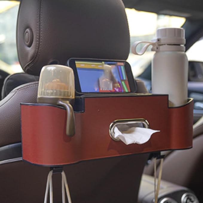 5-in-1 Car Backseat Organizer, 2026 Multifunctional Seat Back Storage Box with Cup Holder, Tissue Box, Phone Holder and 2 Hooks, Premium Leather Car Organizer for Tidy Car (Red-1pc)