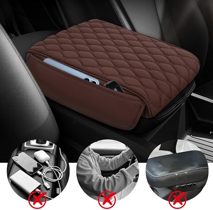 Upgraded Car Center Console Cover, Armrest Cover for Car, Waterproof Leather Auto Armrest Cover Protector with 2 Pocket, Comfortable Arm Rest Box Cushion Pad for Vehicles, Trucks (Coffee)