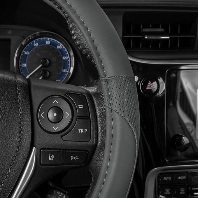 Motor Trend Perforated Microfiber Leather Steering Wheel Cover for Cars Trucks SUVs Vans, Sporty Racing Improved Grip Anti-Fatigue Ergonomic Design, Airbag Compatible - Fits Standard 15" Inch - Gray