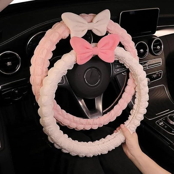 Cute Cartoon Anti-Slip Car Steering Wheel Cover - Puff Bowknot Style for Women & Girls, Universal Fit Auto Handlebar Cover, Fun Car Interior Accessories Gifts for Sister (White)