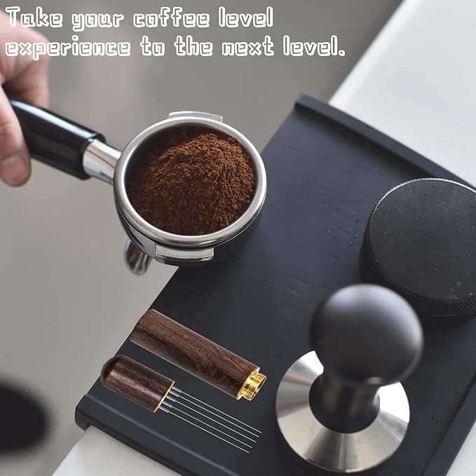 Espresso Coffee Stirrer, Espresso Distribution Tool Coffee Stirring Tool,Professional Barista Hand Needle Type Distribution Tool 5 Needles 0.4mm Natural Wood Handle and Stand