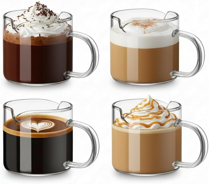 Patelai 4 Pcs 6oz/180ml Espresso Cups, Glass Coffee Cups with Double Spouts & Handle, Clear Espresso Shot Glass Milk Frothed Cup Coffee Accessories for Machines, Milk Frothed, and Bars