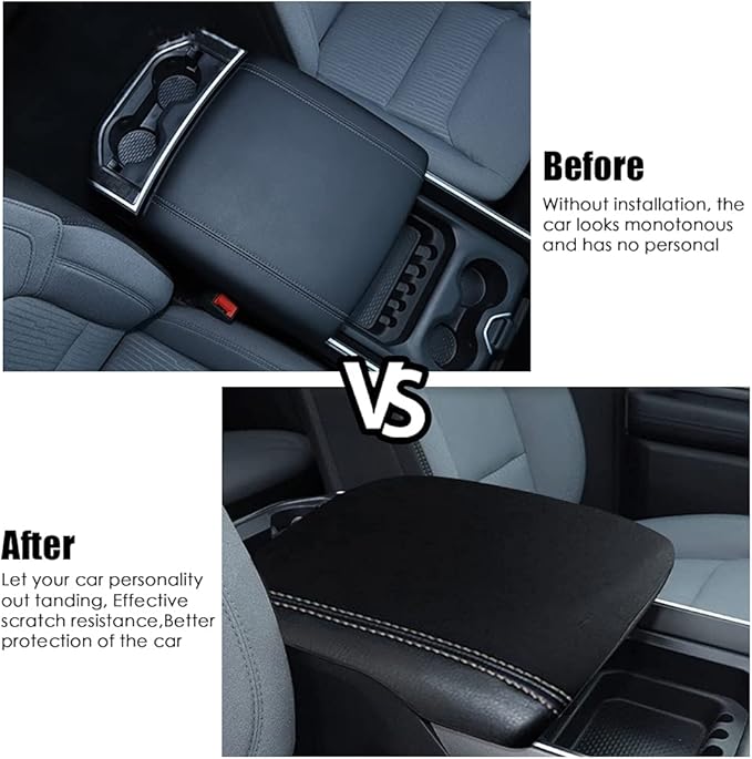 sportuli Center Console Cover Anti-Scratch Leather Armrest Pad Replace for 2019-2024 2025 Dodge RAM 1500 2500 3500, for All Makes & Models with Bucket Seats (Black Stitches)
