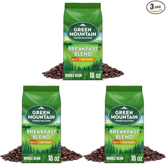 Green Mountain Coffee Roasters Breakfast Blend Decaf, Whole Bean Coffee, Light Roast, Bagged 18 oz (Pack of 3)