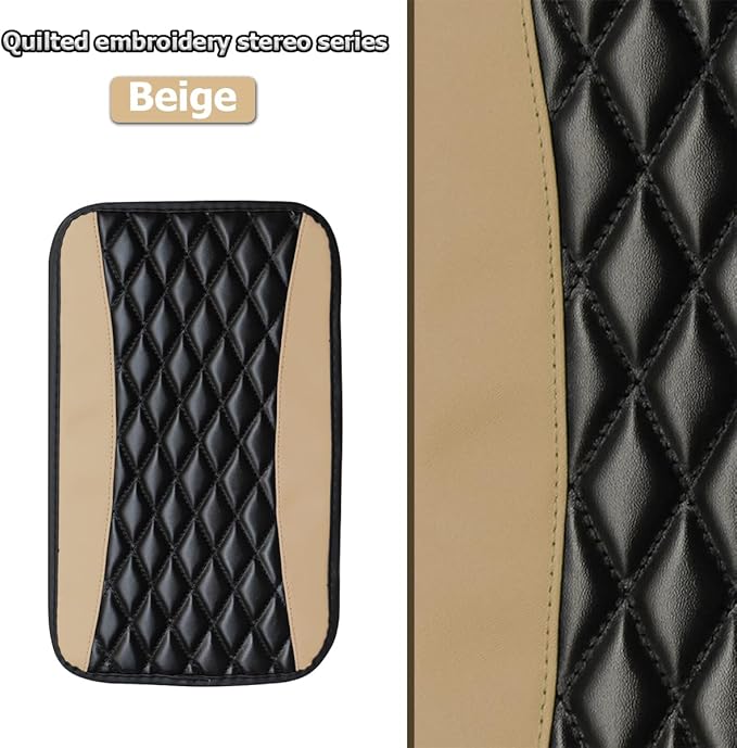 Car Center Console Pad, Universal Waterproof Armrest Seat Box Cover, 12.6" x 7.5" PU Leather Auto Armrest Protector, Car Interior Accessories Decor for Most Vehicles, Truck, SUV (Beige)