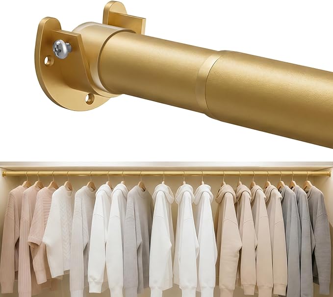 Heavy Duty Closet Rod, 17-28 IN Closet Rods for Hanging Clothes, Gold | Stepless Adjustable, Supports up to 66 lbs, Multiple Size Options, Easy Installation, Multi Purpose , Wall-Mounted