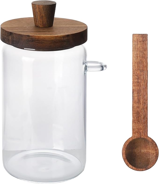 Glass Coffee Bean Storage Container, Wood Lid with Spoon, Airtight Silicone Seal, BPA-Free (700ML/23.67OZ)