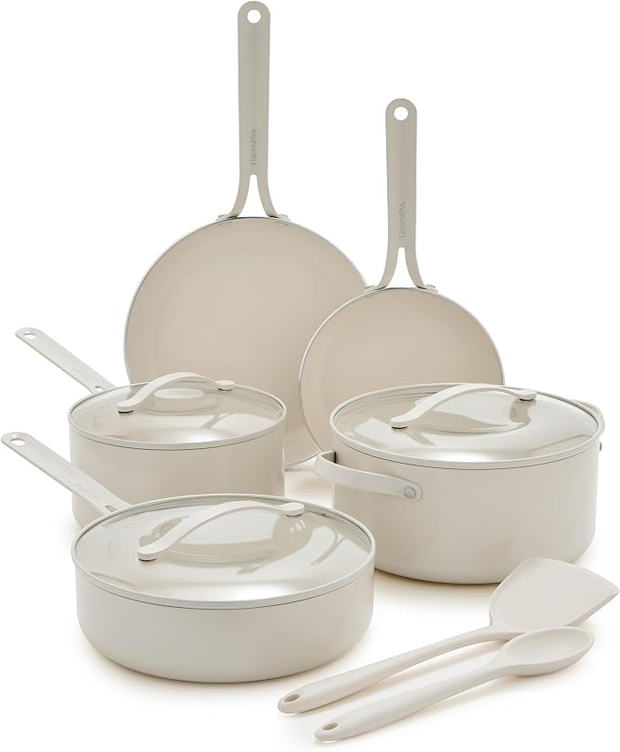 GreenPan Nova 10-Piece Nonstick Cookware Set, PFAS-Free Ceramic Pots & Pans with Silicone Cooking Utensils, Durable Fast Heating, Induction Ready, Oven Safe to 600°F, Dishwasher Safe, Cream White