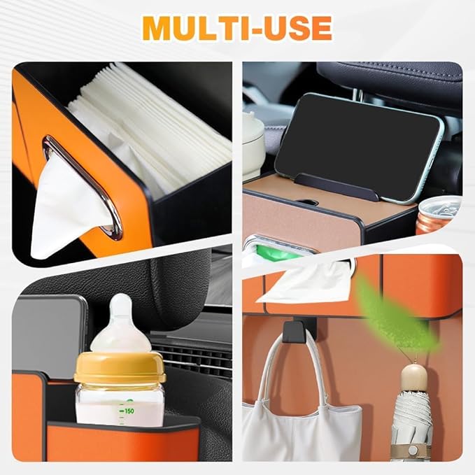 3-in-1 Car Backseat Organize rwith Cup Holder, Tissue Box, Trash Bin & Hooks,2026 Multifunctional Back Seat Car Organizer Box for Hold Phones, Snacks, Drinks, and Handbags