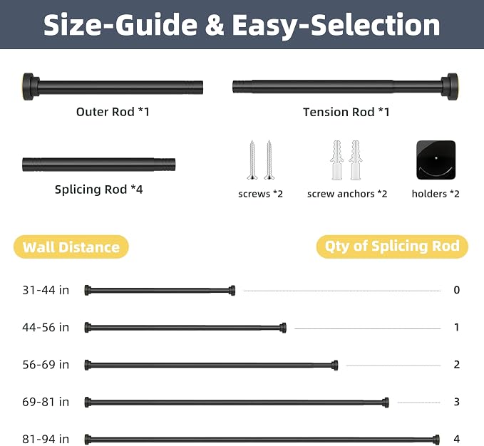 STARLATTA Long Tension Shower Curtain Rod 31-94 Inch: 1.1" Dia Rustproof Stainless Steel, No Drilling Heavy Duty, Adjustable Room Divider for Bathroom Window, Matte Black