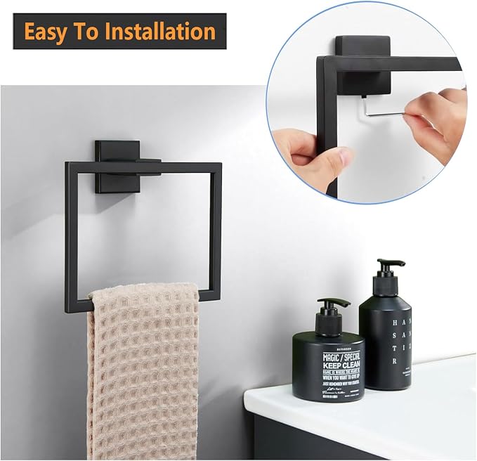 JOPOFI 2-Piece Towel Ring - Thicken Stainless Steel Towel Holder, Towel Racks for Bathroom, Square Modern Design Hand Towel Holder, Contemporary Hand Towel Bar - Matte Black