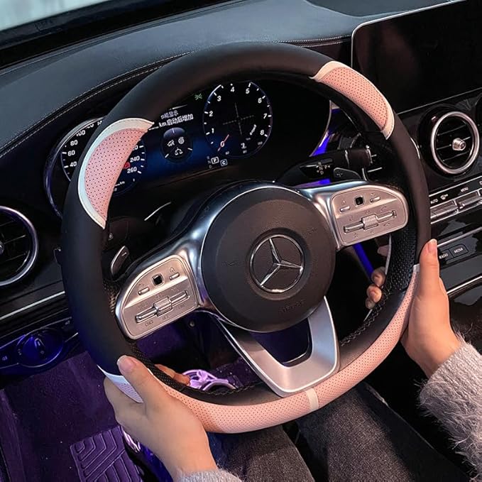 Cute Steering Wheel Cover Universal 4-Season Car Steering Wheel Cover Black (Black Pink)