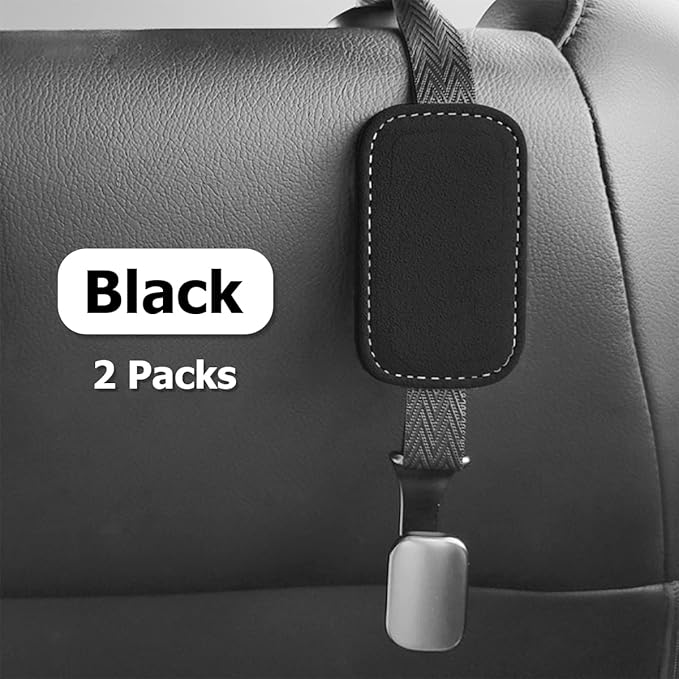 AUCELI Car Seat Headrest Suede Hook, 2 Pack Auto Seat Back Hooks, Suede Storage Organizer with Metal Hanger, Vehicle Backseat Hangers, Creative Interior Accessories for Hanging Grocery Purse (Black)