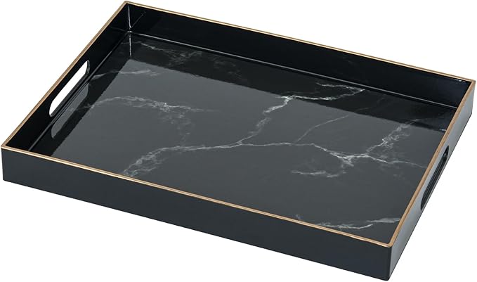 Serving Tray, Marble Plastic Food Trays for Eating on Lap Decor Coffee Tray with Handles Rectangular Non-Slip Candle Plate, 15.7"x11.8"x1.6" Large Drinks Platter for Kitchen/Living Room/Bedroom