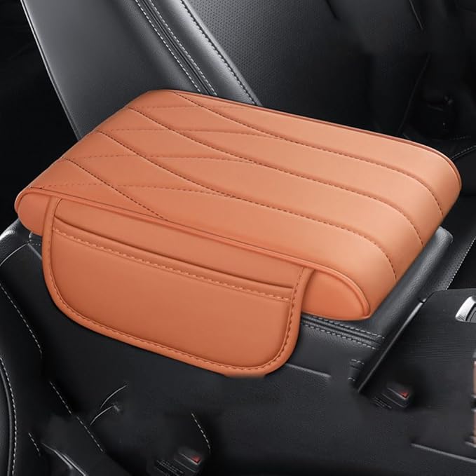Car Center Console Cover for Ford Bronco Badlands/Sasquatch 2021-2025, Leather Armrest Pad Comfortable Waterproof Arm Rest Box Cushion Protector with Storage Bag,Normal-E/Orange