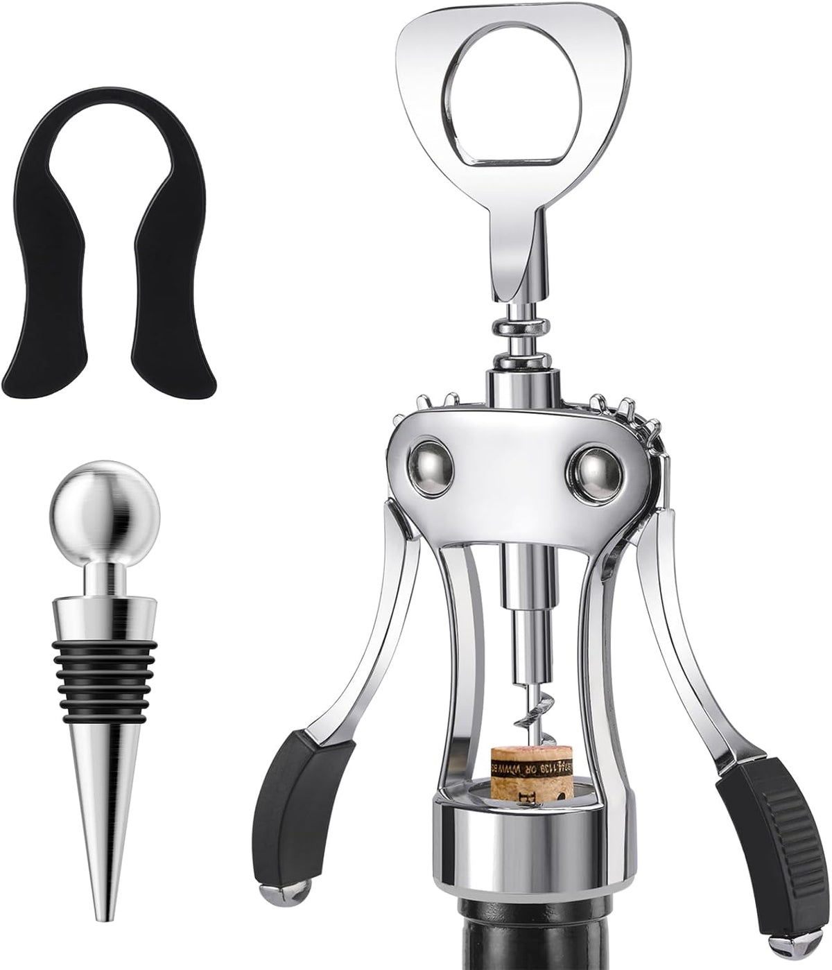 KORCCI Wine Opener, Heavy-Duty Zinc Alloy Wing Corkscrew, Premium Beer Bottle Opener, Multifunctional Wine Accessories with Ergonomic Handle and Sharp Screw, for Kitchen, Bar, Restaurant, Bartenders