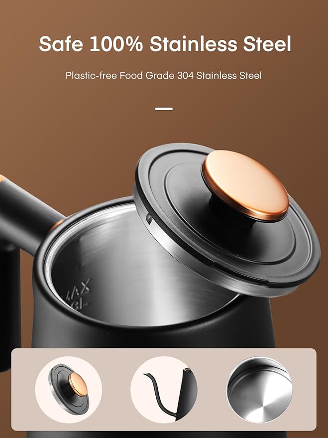Electric Gooseneck Kettle, Tea Kettle ±1℉ Temperature Control, 0.8L Pour Over Electric Kettle for Coffee & Tea, Hot Water Boiler, Stainless Steel Inner, 1200W Rapid Heating,LCD Display,Matte Black
