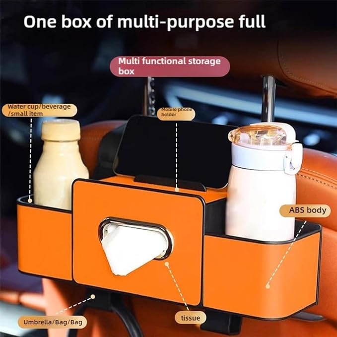 3-in-1 Car Backseat Organizer, Car Organizers and Storage Box with 2 Cup Holders & 4 Hooks, Multifunctional Car Seat Back Storage Box with Tissue Box, for Phone, Snacks, Drinks, Handbag (Orange, 2PCS)