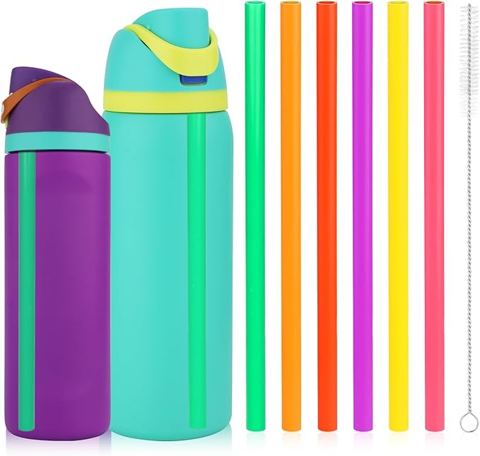 6pcs Replacement Straws for Owala FreeSip 24oz 32oz, Reusable Plastic Straws with Cleaning Cleaner Brush for Insulated Stainless Steel Water Silicone Bottle Tumbler Rubber Accessories Parts (6 Colors)
