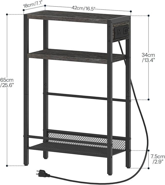 HOOBRO Small Narrow Side Table with Charging Station, Skinny End Table for Small Spaces, Slim Nightstand with USB Ports Outlet, Sofa Beside Table with Storage Shelf, Charcoal Black BC102UBZ01