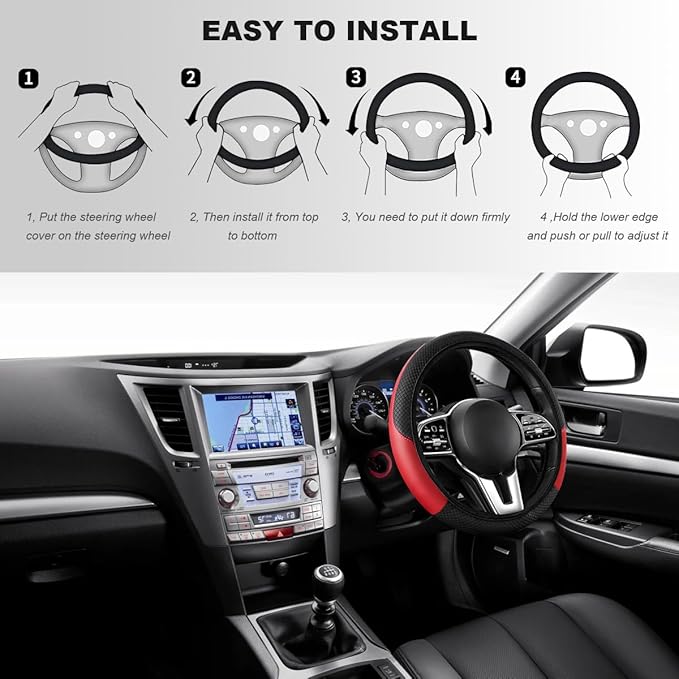 Car Steering Wheel Cover, 15 Inch Carbon Fiber Elastic Vehicle Steering Wheel Protector, Breathable Leather Auto Wheel Covers for Women Men, Interior Car Accessories (Black & Red, AD)