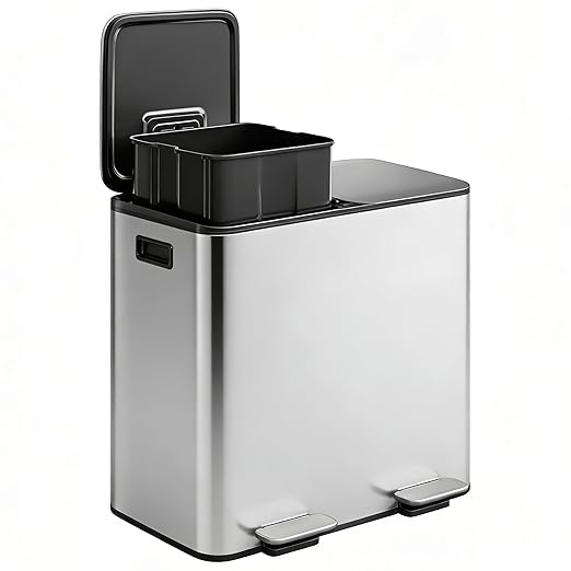GarveeHome 2 x 8 gal Stainless Steel Double Trash Can with Lid for Kitchen, Large Dual Trash and Recycle Bin Combo, Step-on Kitchen Metal Garbage Cans, PP Inner Buckets, Liner Rim