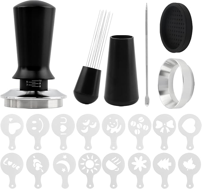 21 PCS Espresso Accessories Kit, Espresso Tamper Set with 51mm Coffee Tamper, WDT Tool, Tamper Mat, Dosing Funnel, Coffee Stencils, Latte Art Pen, Barista Tools, Espresso-Accessories(COLOR:Black)
