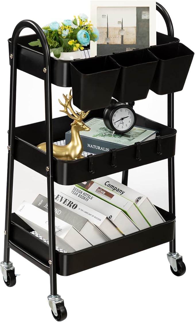 danpinera 3-Tier Rolling Cart, Utility Cart Mobile Metal Rolling Storage Cart with Lockable Wheels & Hanging Cups & Hooks for Kitchen, Bathroom, Office, Workshop, Black