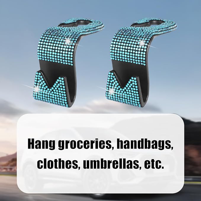 Bling Car Seat Headrest Hooks, 2PCS Crystal Rhinestone Vehicle Backseat Purse Holder for Handbags Coats Umbrellas, Diamond Auto Back Seat Storage Organizer Hanger, Universal Fit (Blue)