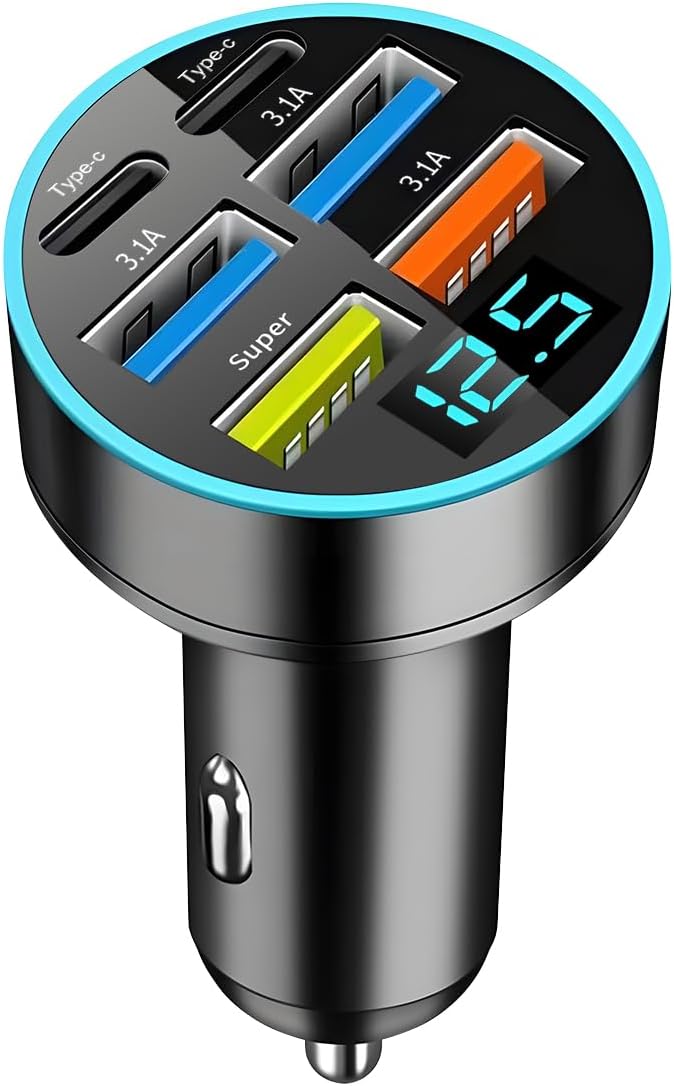 Super Fast Car Phone Charger, 6 in 1 USB Auto Charge Adapter with Voltage Monitor, Vehicle Interior Cigarette Lighter Charging Accessories, Universal for SUV Sedan Truck(2xType C)