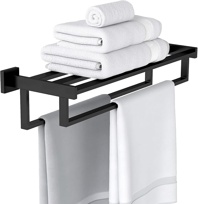 Towel Racks for Bathroom Wall Mounted, 24 Inch Double Towel Bar, Dual Towel Rack with Shelf, Stainless Steel Hand Towel Hanger, Bath Towel Holder for Wall, Black