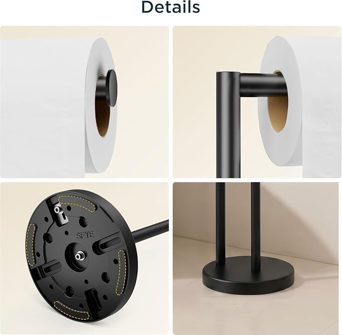 FORIOUS Toilet Paper Holder Stand, Modern Freestanding Tissue Roll Holder for Bathroom, Durable SUS 304 Stainless Steel and Weighted Base Toilet Paper Stand, Storage for 4 Rolls, Matte Black