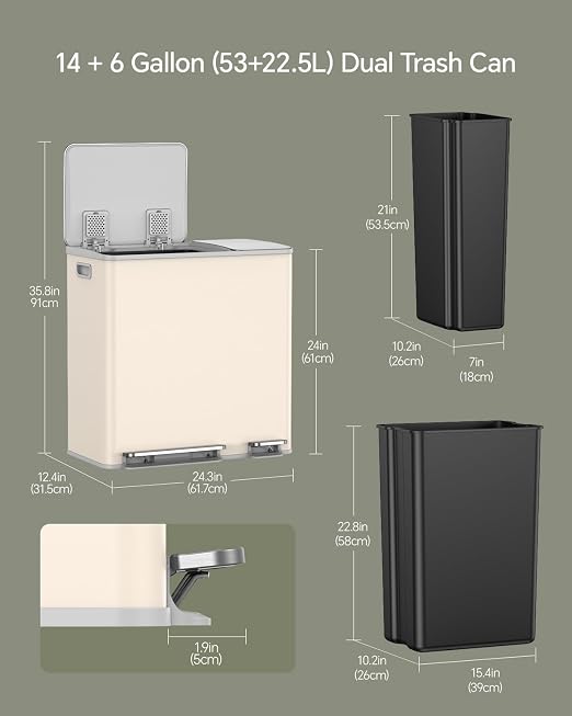 Lovewind Dual Trash and Recycling Bins for Kitchen, 13+6 Gallon Stainless Steel Garbage and Recycle Bin Combo for Large Families, Dual Trash Can with Soft Close Lid & Magnetic Stickers, Apricot