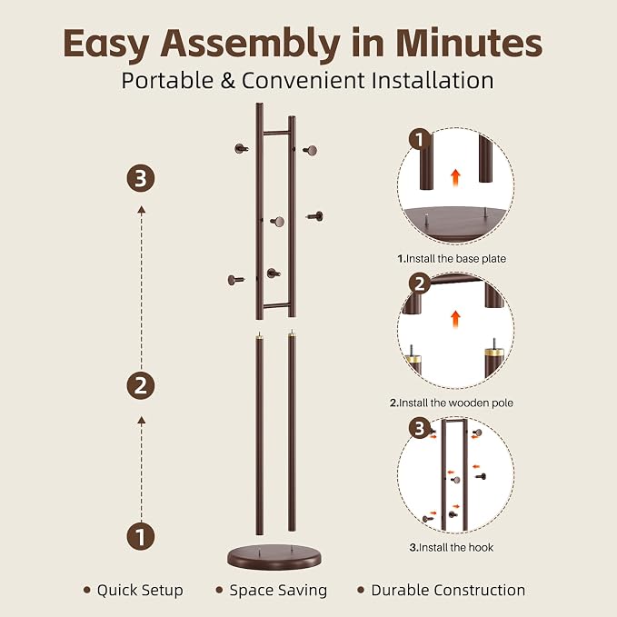 Uniclinens Wood Coat Rack Freestanding - Heavy Duty Freestanding Coat Rack, Wooden Coat Stand with 6 Hooks Creative Tree Branch-look for Entryway, Hallway, Bedroom (Dark Walnut)