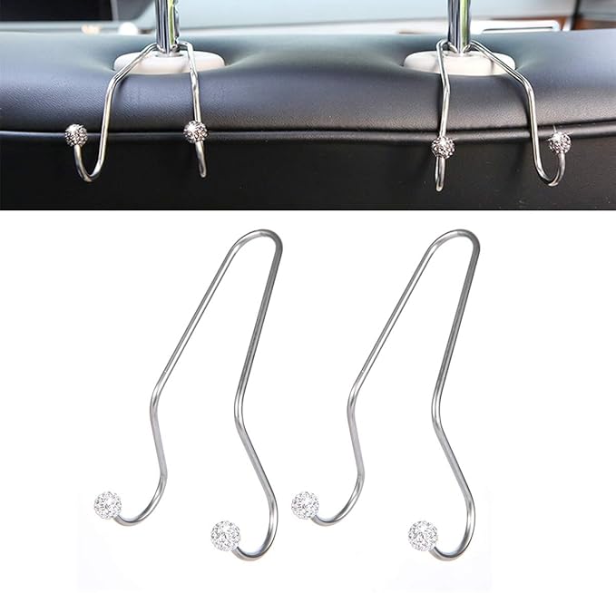 Bling Car Seat Hooks, Rhinestone Universal Organizer Hooks Car Headrest Hangers Hooks, Bag Organizers Rack and Hanger, Strong and Durable Auto Backseat Storage Hooks (A-White)