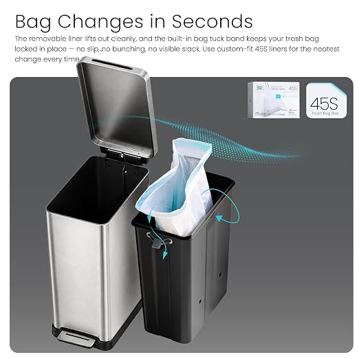Home Zone Living 12 Gallon Kitchen Trash Can with Slim Fit Design | Stainless Steel with Soft-Close Step Pedal Lid, Bag Tuck Band for Easier Bag Changes, Rectangular Shape, Silver