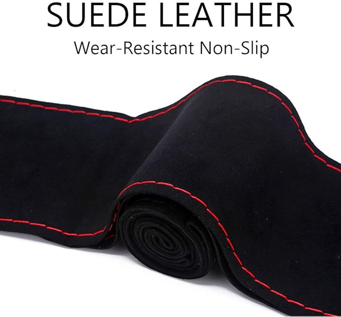 Suede Leather Steering Wheel Cover, Leather Steering Wheel Cover Lace Up, Universal 15 Inch Breathable, Non-Slip, Durable Suitable for Every Season,Black