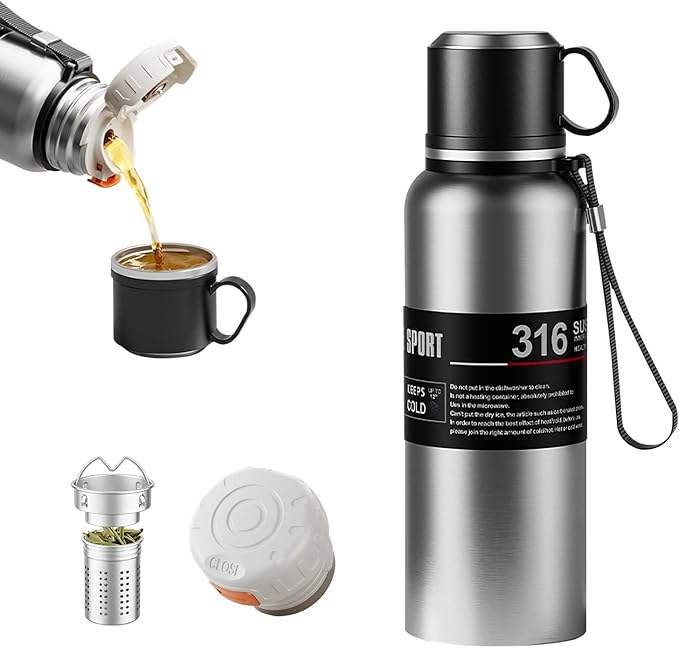Double wall vacuum Leakproof stainless steel wide mouth insulated water bottle;tea tumbler with tea strainer infuser basket,cup and lid; travel coffee thermoses hot drinks;portable cold thermal flask