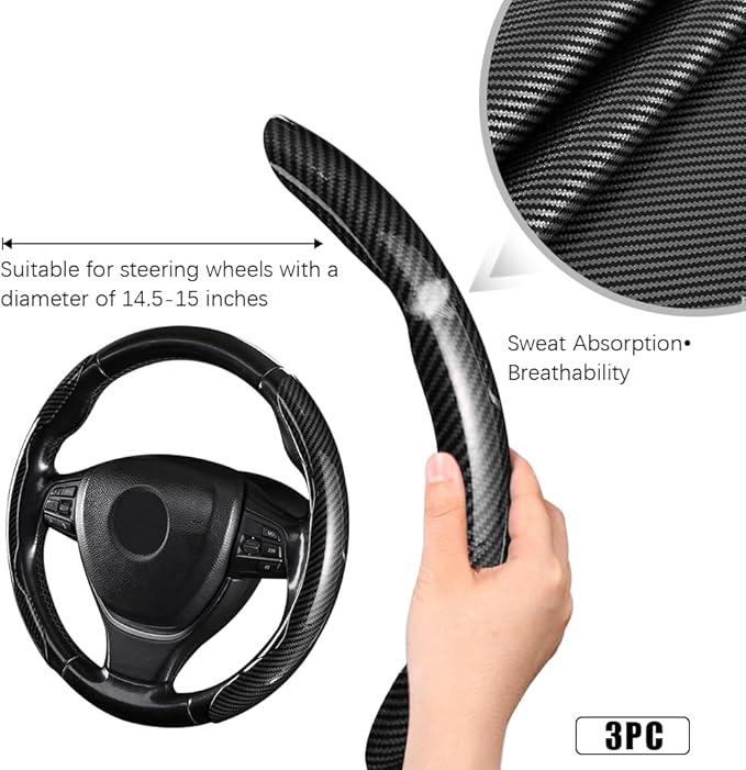 JDDRY Car Steering Wheel Protector,Bright Carbon Fiber Steering Wheel Cover,Non-Slip Steering Wheel Cover Protector,Universal Car Accessories(Black,3PC)