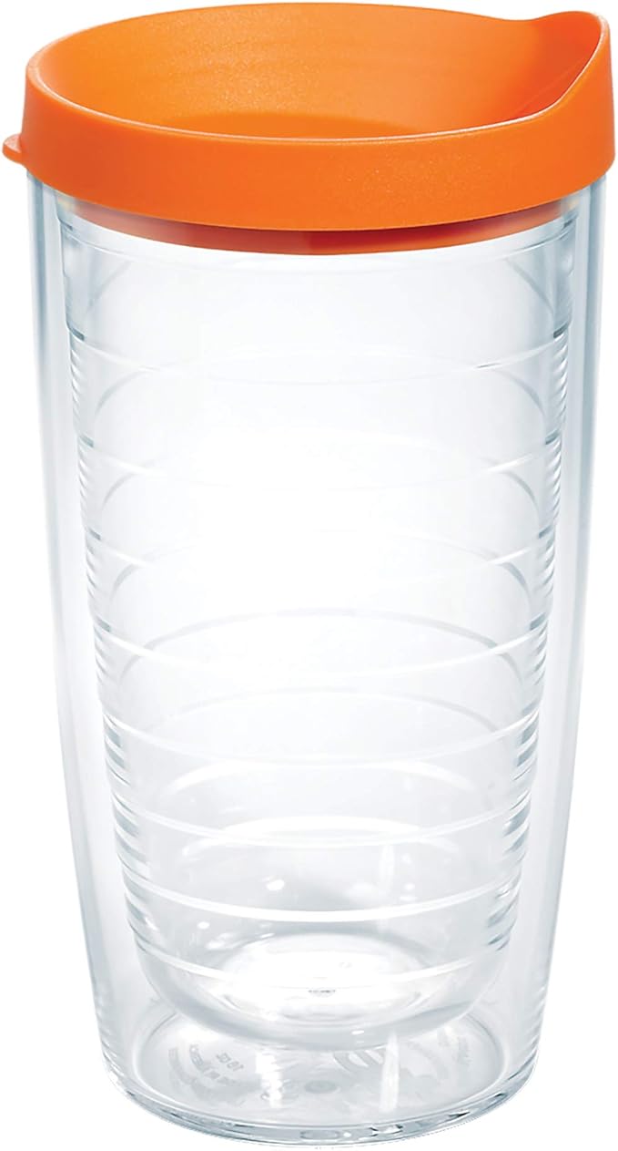 Tervis Clear & Colorful Lidded Made in USA Double Walled Insulated Tumbler Travel Cup Keeps Drinks Cold & Hot, 16oz, Orange Lid