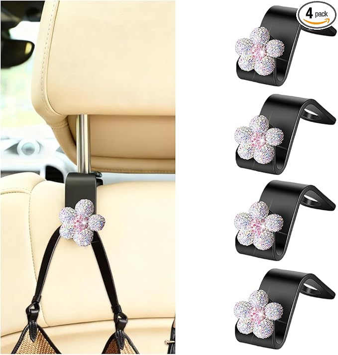 Bling Car Seat Headrest Hook, 4PCS Daisy Crystal Rhinestone Vehicle Backseat Hanger Hook for Purses Bags, Auto Headrest Storage Organizer Decorations, Universal Fit (Multicolour White Pink)