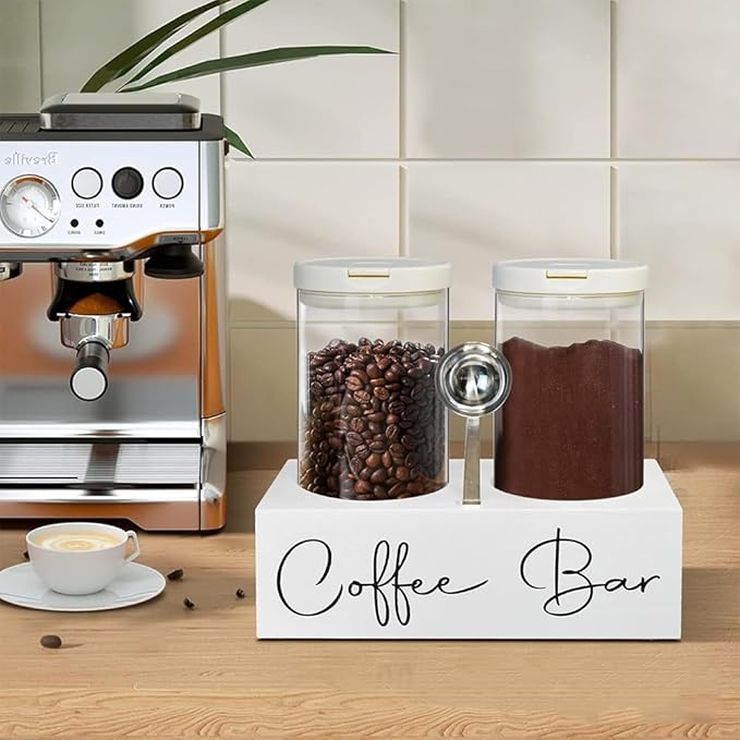 Glass Coffee Containers with Shelf & Scoop, 2 Pcs 48OZ Coffee Storage Jars with Airtight Lid for Coffee Beans, Coffee Powder, Nuts, Snack, Sugar, Tea,White