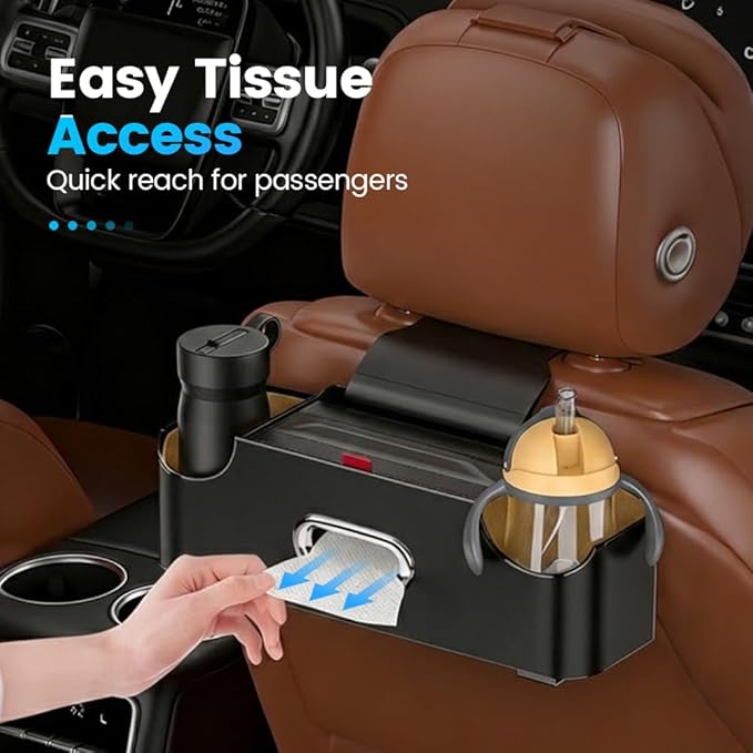 Car Backseat Organizer 3-in-1 Multifunctional Car Back Seat Storage Box with Drink Cup Holder Tissue Box Trash Bin & Hooks, Back Seat Car Organizer for Hold Phones,Drinks, and Handbags (White)