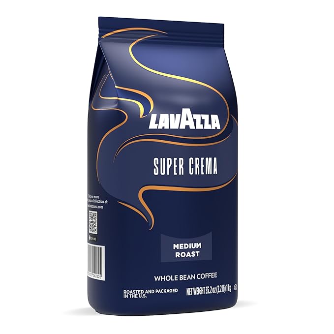 Lavazza Super Crema Whole Bean Coffee, Medium Espresso Roast, Arabica and Robusta Blend, 2.2 lb Bag (Pack of 6)