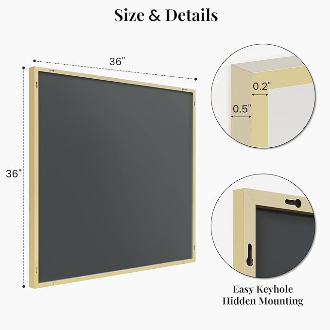 36"x36" Large Gold Wall Mirror, Metal Framed Bathroom Vanity Mirror, Oversized Square Mirror Over Sink, Luxury Living Room Decor, Flush Mount