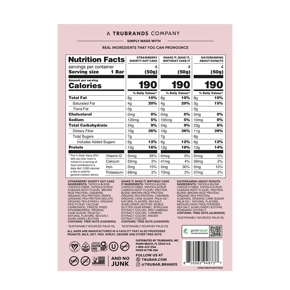 TRUBAR Vegan Protein Bars, Frosted & Fabulous Variety Pack, Donuts, Strawberry Shortcake & Birthday Cake, Gluten Free, Plant Based, High Fiber, Dairy Free, On the Go Healthy Snacks, 12 Count