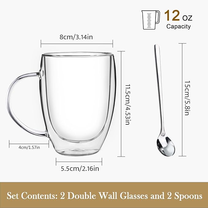 Double Wall Glass Coffee Mugs, 12 Oz Clear Coffee Mugs with Handle, Insulated Glass Coffee Mugs Set of 2, Perfect for Espresso, Cappuccino, Latte, Americano, Tea Bag, Beverage